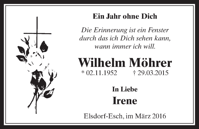  Traueranzeige für Wilhelm Möhrer vom 30.03.2016 aus  Werbepost 