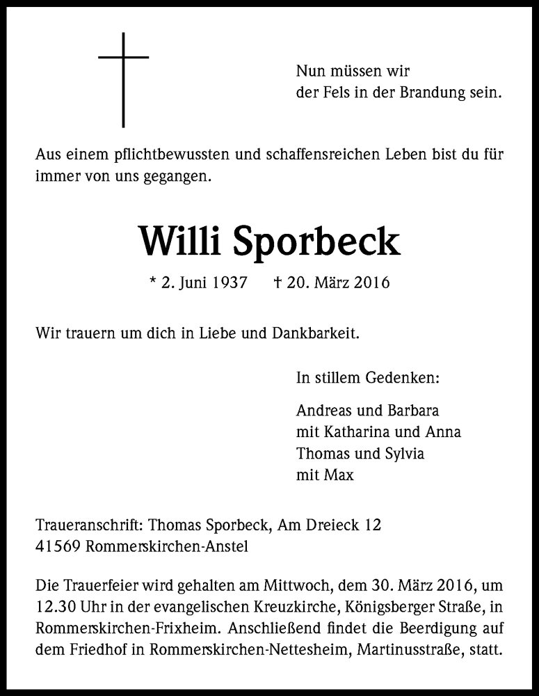  Traueranzeige für Willi Sporbeck vom 24.03.2016 aus Kölner Stadt-Anzeiger / Kölnische Rundschau / Express