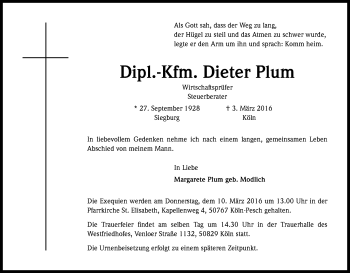 Anzeige von Dieter Plum von Kölner Stadt-Anzeiger / Kölnische Rundschau / Express