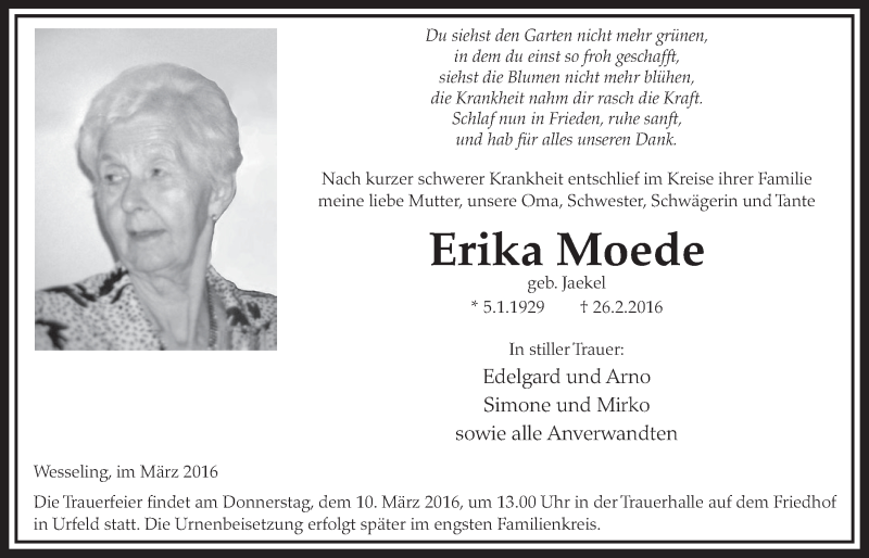  Traueranzeige für Erika Moede vom 09.03.2016 aus  Schlossbote/Werbekurier 
