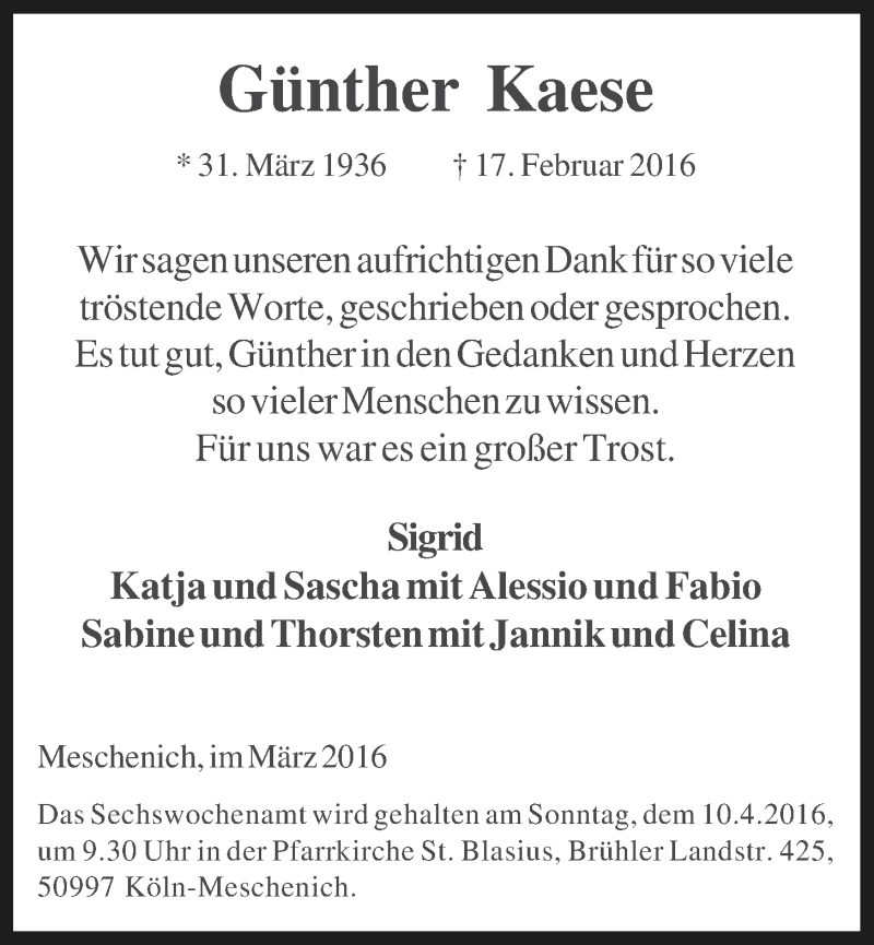  Traueranzeige für Günther Kaese vom 23.03.2016 aus  Schlossbote/Werbekurier 