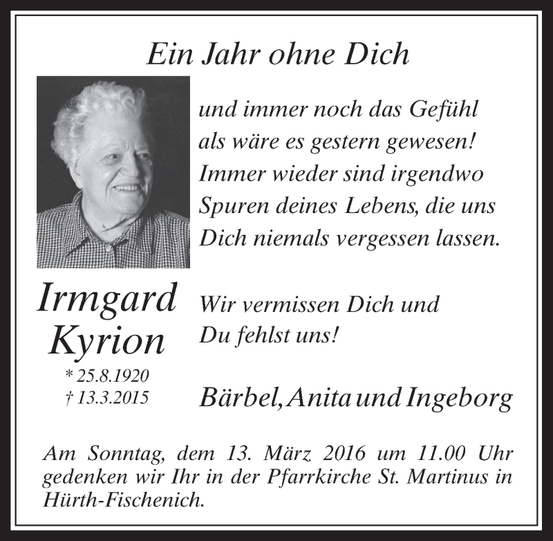  Traueranzeige für Irmgard Kyrion vom 09.03.2016 aus  Wochenende 