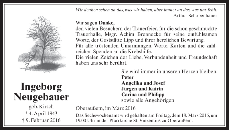  Traueranzeige für Ingeborg Neugebauer vom 16.03.2016 aus  Werbepost 