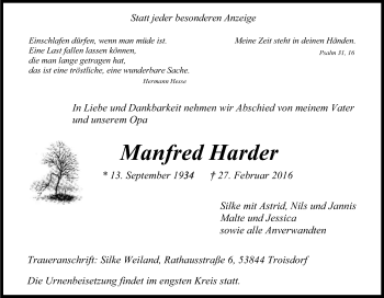 Anzeige von Manfred Harder von Kölner Stadt-Anzeiger / Kölnische Rundschau / Express
