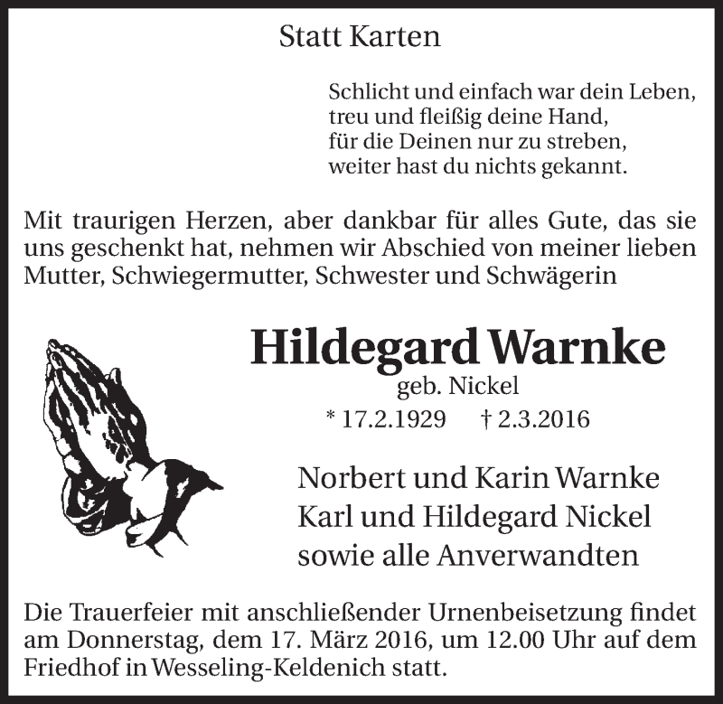  Traueranzeige für Hildegard Warnke vom 16.03.2016 aus  Schlossbote/Werbekurier 