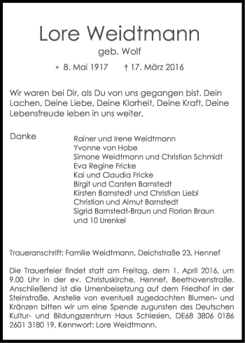 Anzeige von Lore Weidtmann von Kölner Stadt-Anzeiger / Kölnische Rundschau / Express