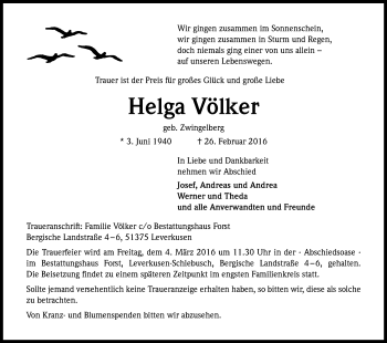 Anzeige von Helga Völker von Kölner Stadt-Anzeiger / Kölnische Rundschau / Express