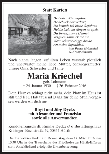 Anzeige von Maria Kriechel von  Wochenende 