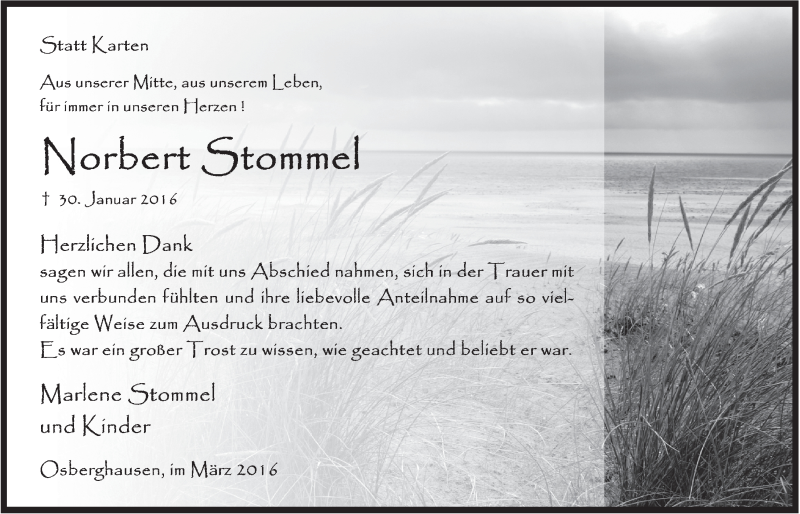  Traueranzeige für Norbert Stommel vom 09.03.2016 aus  Anzeigen Echo 