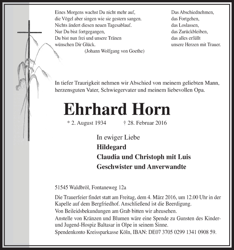  Traueranzeige für Ehrhard Horn vom 02.03.2016 aus  Lokalanzeiger 