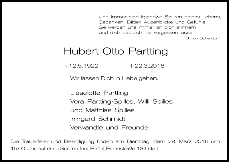 Traueranzeige für Hubert Otto Partting vom 26.03.2016 aus Kölner Stadt-Anzeiger / Kölnische Rundschau / Express