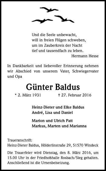 Anzeige von Günter Baldus von Kölner Stadt-Anzeiger / Kölnische Rundschau / Express