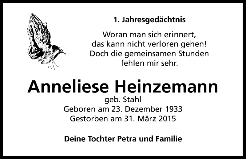  Traueranzeige für Anneliese Heinzemann vom 31.03.2016 aus Kölner Stadt-Anzeiger / Kölnische Rundschau / Express