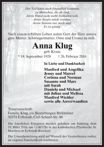 Anzeige von Anna Klug von  Werbepost 