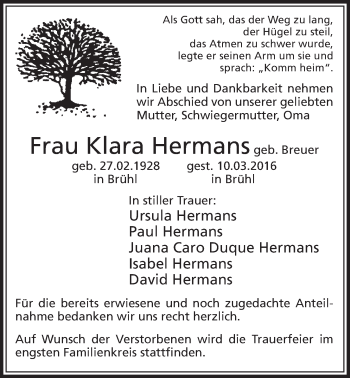 Anzeige von Klara Hermans von  Schlossbote/Werbekurier 