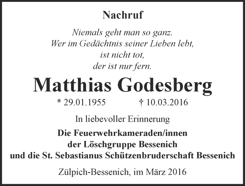  Traueranzeige für Matthias Godesberg vom 20.03.2016 aus  Blickpunkt Euskirchen 