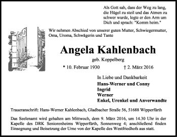 Anzeige von Angela Kahlenbach von Kölner Stadt-Anzeiger / Kölnische Rundschau / Express