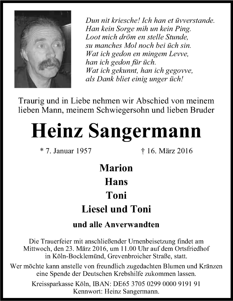  Traueranzeige für Heinz Sangermann vom 19.03.2016 aus Kölner Stadt-Anzeiger / Kölnische Rundschau / Express