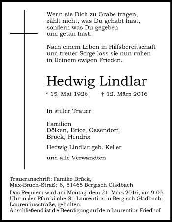 Anzeige von Hedwig Lindlar von Kölner Stadt-Anzeiger / Kölnische Rundschau / Express