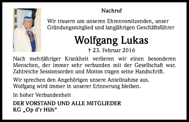  Traueranzeige für Wolfgang Lukas vom 05.03.2016 aus Kölner Stadt-Anzeiger / Kölnische Rundschau / Express