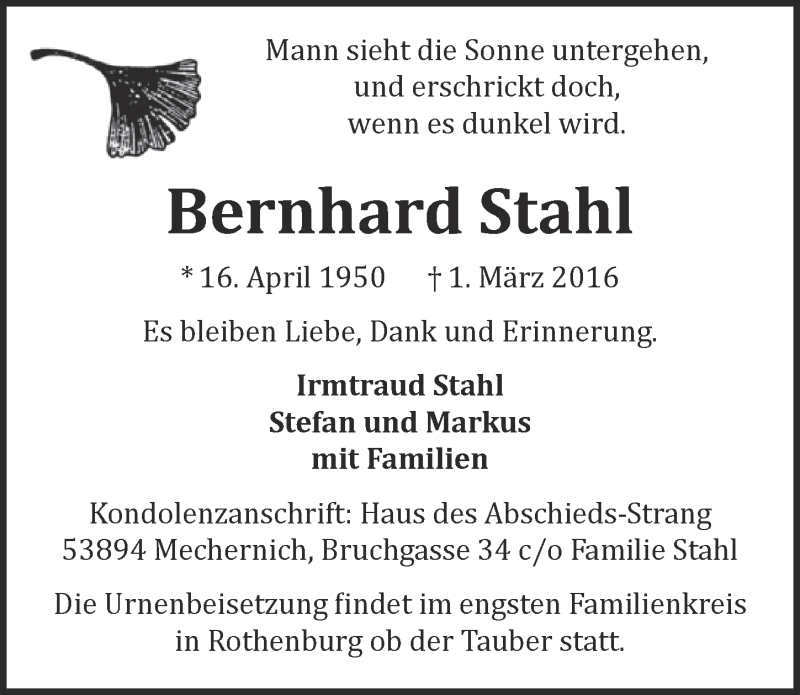  Traueranzeige für Bernhard Stahl vom 06.03.2016 aus  Blickpunkt Euskirchen 