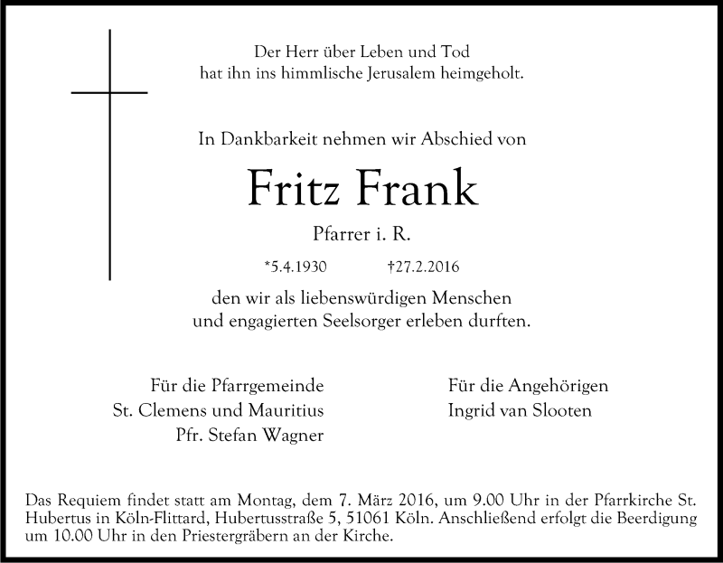  Traueranzeige für Fritz Frank vom 04.03.2016 aus Kölner Stadt-Anzeiger / Kölnische Rundschau / Express