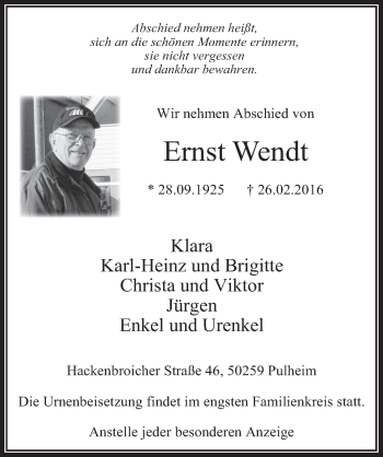 Anzeige von Ernst Wendt von  Wochenende 