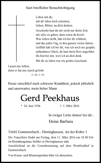Anzeige von Gerd Peekhaus von Kölner Stadt-Anzeiger / Kölnische Rundschau / Express