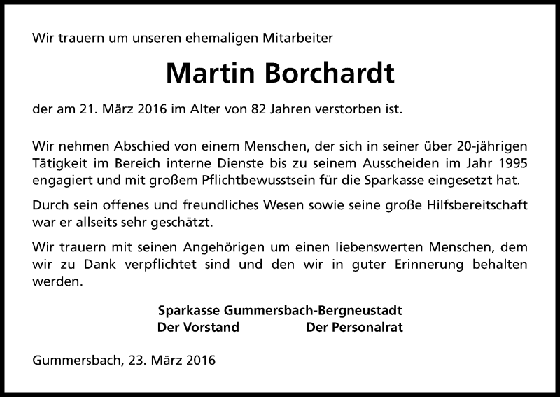  Traueranzeige für Martin Borchardt vom 26.03.2016 aus Kölner Stadt-Anzeiger / Kölnische Rundschau / Express