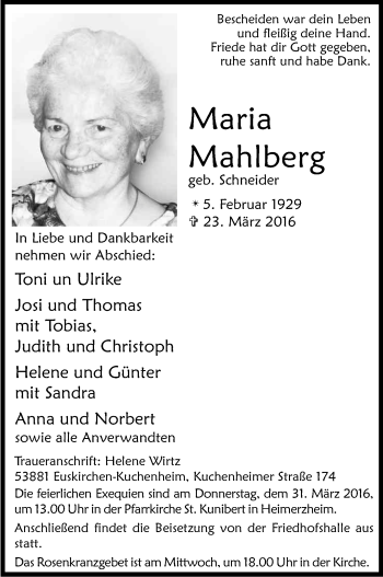 Anzeige von Maria Mahlberg von Kölner Stadt-Anzeiger / Kölnische Rundschau / Express