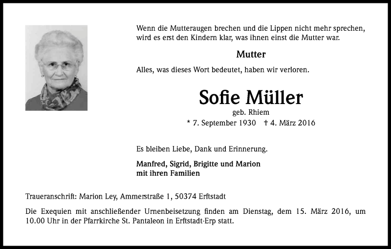  Traueranzeige für Sofie Müller vom 12.03.2016 aus Kölner Stadt-Anzeiger / Kölnische Rundschau / Express