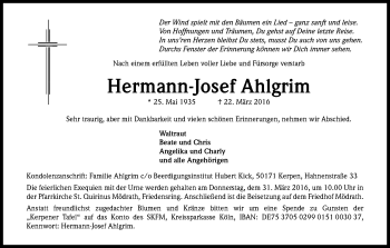 Anzeige von Hermann-Josef Ahlgrim von Kölner Stadt-Anzeiger / Kölnische Rundschau / Express