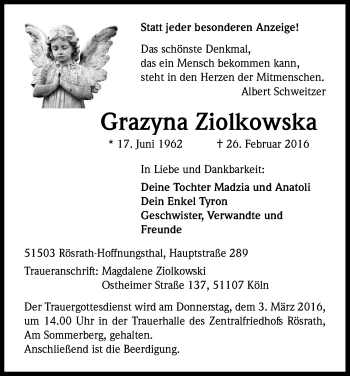 Anzeige von Grazyna Ziolkowska von Kölner Stadt-Anzeiger / Kölnische Rundschau / Express