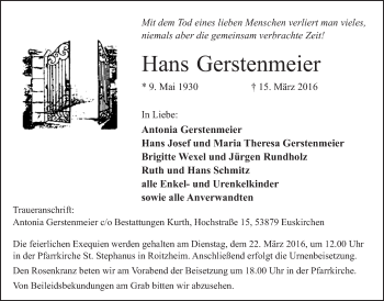 Anzeige von Hans Gerstenmeier von  Blickpunkt Euskirchen 