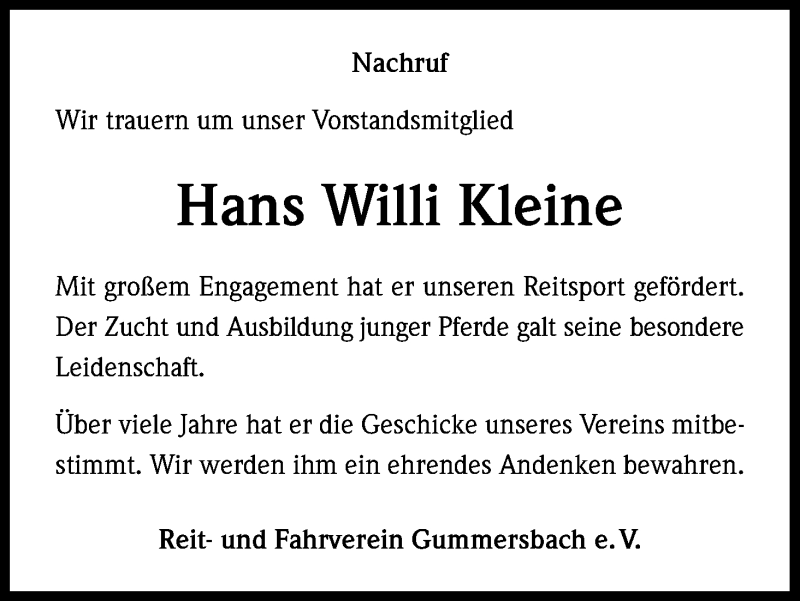  Traueranzeige für Hans Willi Kleine vom 31.03.2016 aus Kölner Stadt-Anzeiger / Kölnische Rundschau / Express