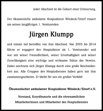 Anzeige von Jürgen Klumpp von Kölner Stadt-Anzeiger / Kölnische Rundschau / Express