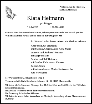 Anzeige von Klara Heimann von Kölner Stadt-Anzeiger / Kölnische Rundschau / Express