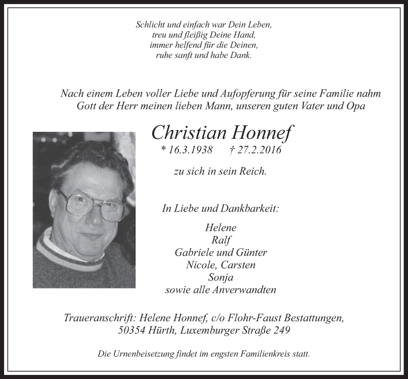  Traueranzeige für Christian Honnef vom 02.03.2016 aus  Wochenende 