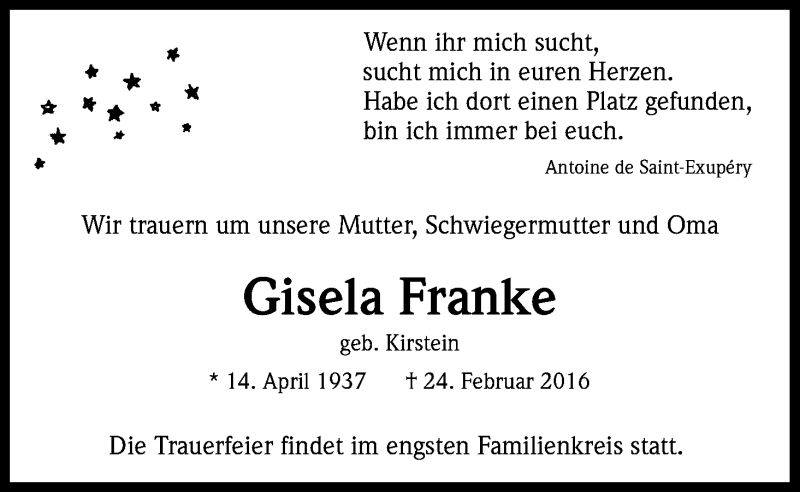  Traueranzeige für Gisela Franke vom 05.03.2016 aus Kölner Stadt-Anzeiger / Kölnische Rundschau / Express