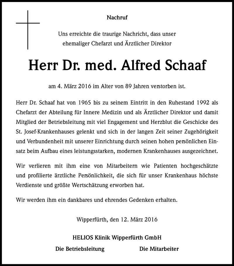  Traueranzeige für Alfred Schaaf vom 12.03.2016 aus Kölner Stadt-Anzeiger / Kölnische Rundschau / Express