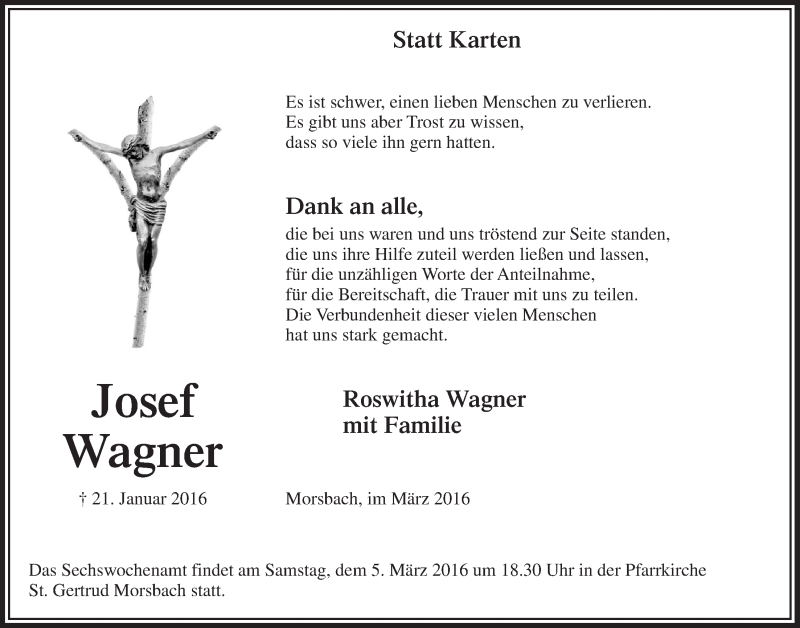  Traueranzeige für Josef Wagner vom 02.03.2016 aus  Lokalanzeiger 