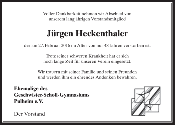 Anzeige von Jürgen Heckenthaler von  Wochenende 