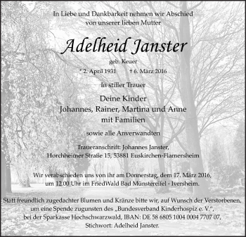 Anzeige von Adelheid Janster von  Blickpunkt Euskirchen 