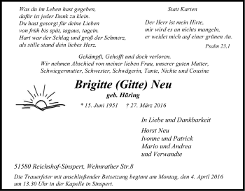 Anzeige von Brigitte Neu von Kölner Stadt-Anzeiger / Kölnische Rundschau / Express