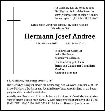 Anzeige von Hermann Josef Andree von Kölner Stadt-Anzeiger / Kölnische Rundschau / Express