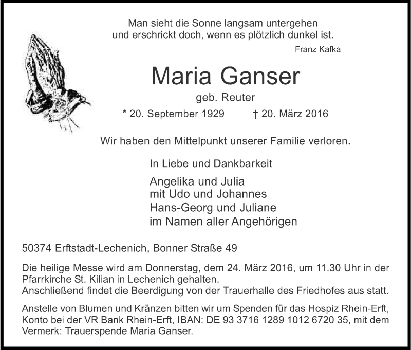  Traueranzeige für Maria Ganser vom 22.03.2016 aus Kölner Stadt-Anzeiger / Kölnische Rundschau / Express
