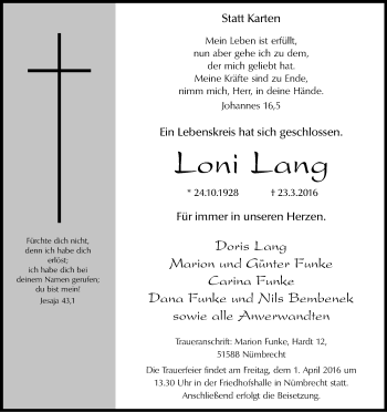 Anzeige von Loni Lang von Kölner Stadt-Anzeiger / Kölnische Rundschau / Express