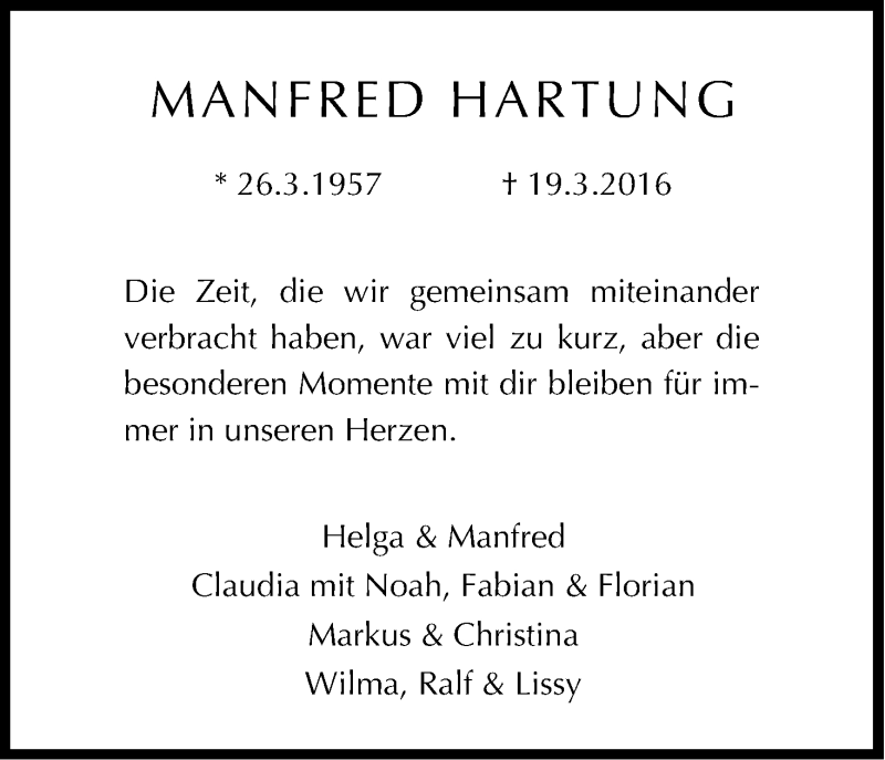  Traueranzeige für Manfred Hartung vom 23.03.2016 aus Kölner Stadt-Anzeiger / Kölnische Rundschau / Express