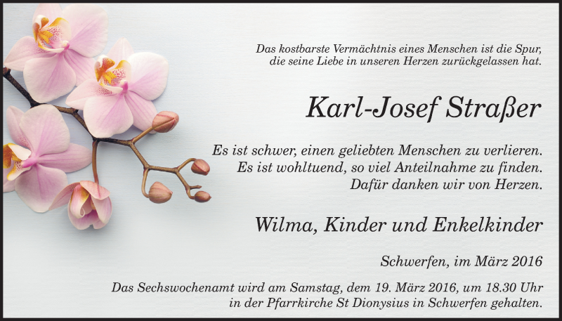  Traueranzeige für Karl-Josef Straßer vom 06.03.2016 aus  Blickpunkt Euskirchen 