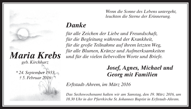  Traueranzeige für Maria Krebs vom 09.03.2016 aus  Werbepost 